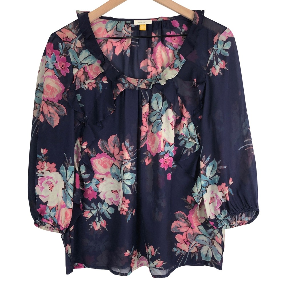 Leifsdottir Anthropologie 100% Silk Ruffle Blouse Sz 6 Navy Pink Floral 3/4 Slv